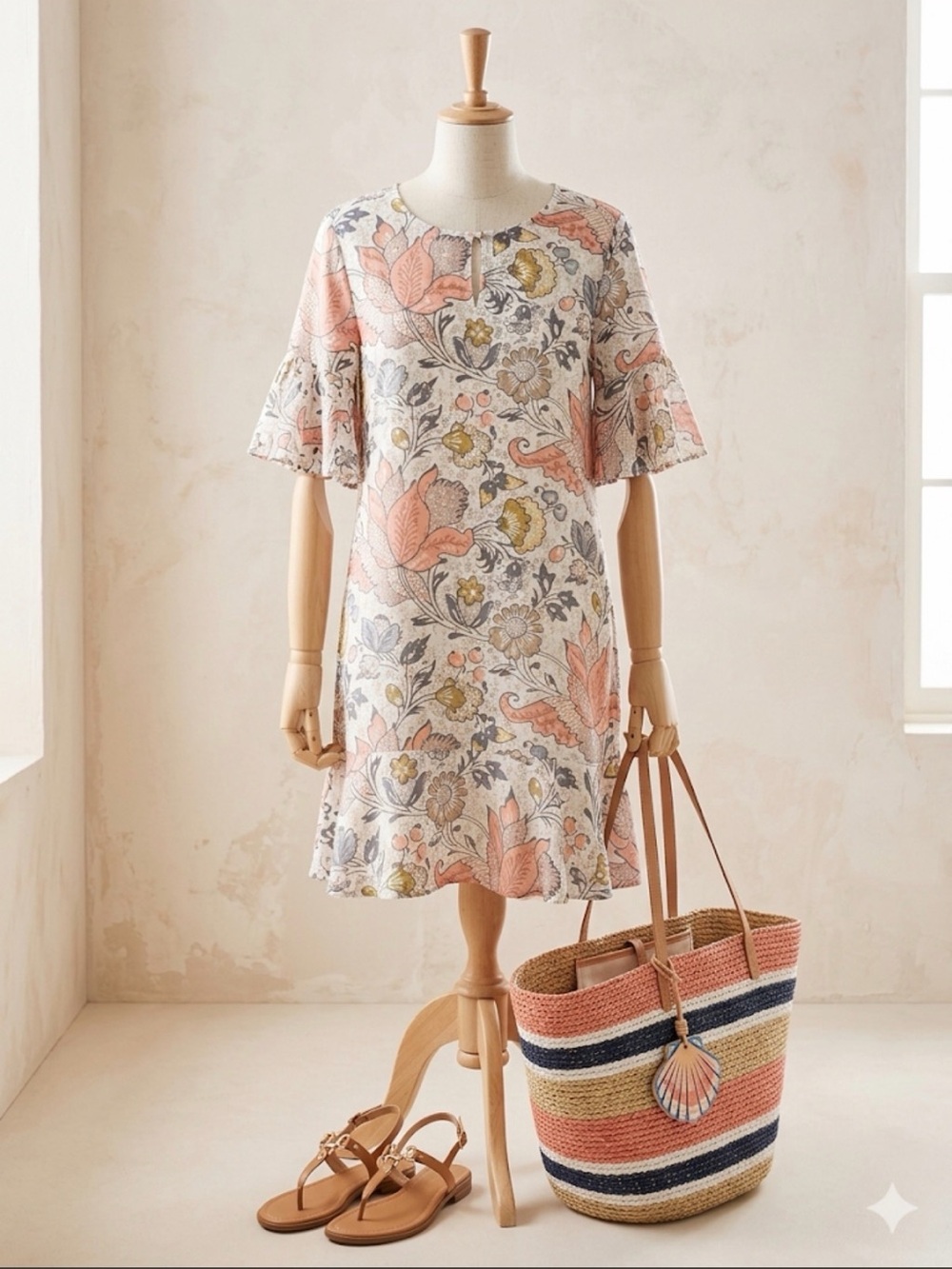 LOFT Peach, Gray & Olive Floral Short Sleeve Shirt Dress